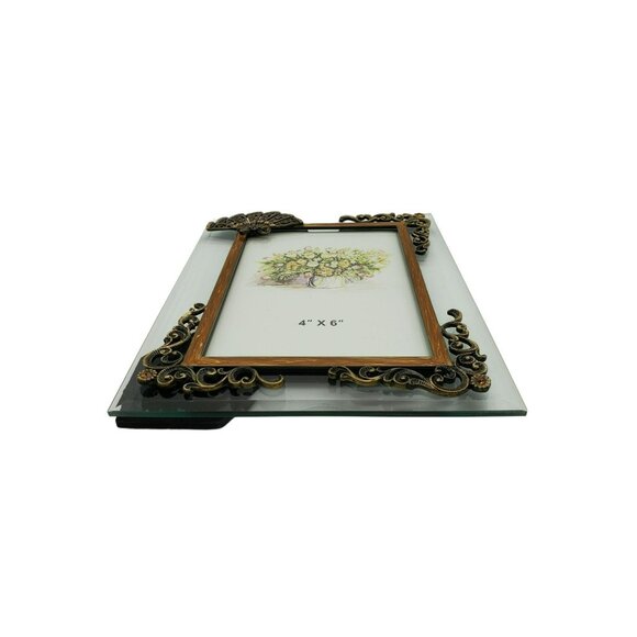NWOT Glass Bronze Metal Fan Ornamental Scrolls Photo Frame w/Citrone Rhinestones - Picture 9 of 14